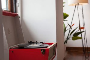 Vinyl turntable in hotel room
